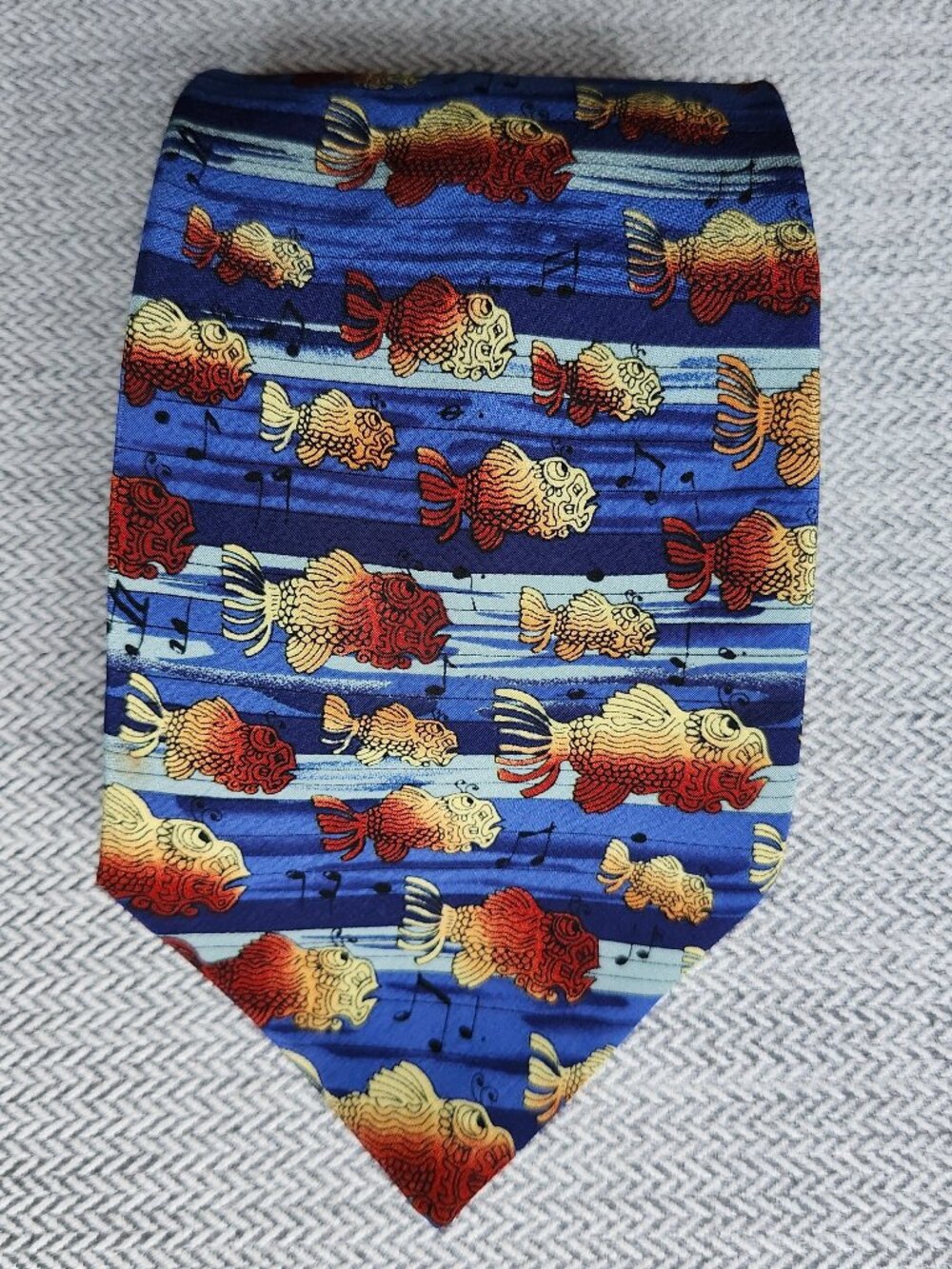 Vintage J. Garcia 100% Silk Tie Swimming Fish Music Notes Blue